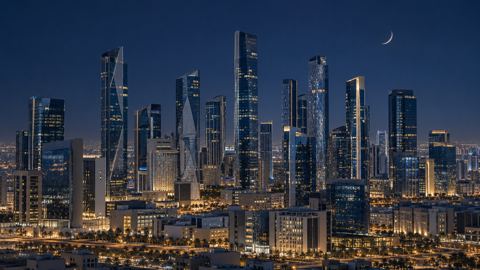 أفق مدينة سعودية هادئ بأبراج حديثة تحت هلال رفيع ليلاً