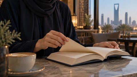 يدا قارئ تقلبان صفحات كتاب في مقهى هادئ بالرياض