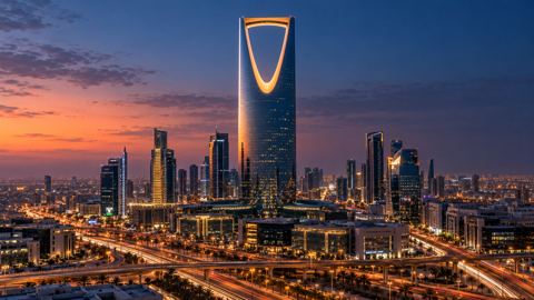 أفق الرياض وقت الغسق وبرج المملكة يضيء والطرق السريعة تحته