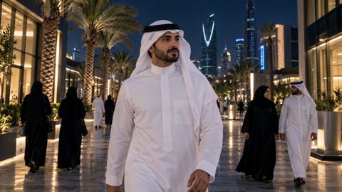 شارع في الرياض ليلاً بمحلات حديثة ونخيل ومارة بالثياب والعبايات