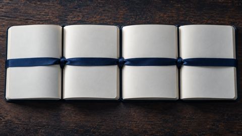 دفاتر متصلة يربطها شريط واحد على مكتب، من الأعلى