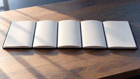دفاتر متصلة مصفوفة على مكتب كمسار تعليمي في ضوء الصباح