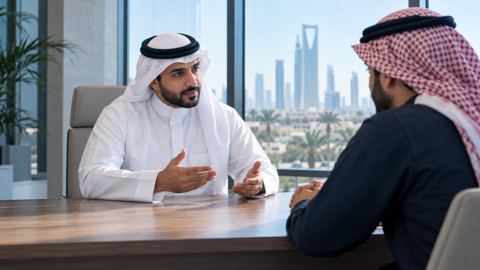 محاسب سعودي ينصح صاحب مشروع صغير على مكتب في مكتب مضيء