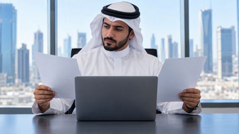 محلل سعودي يقارن تقريري صفحتين على اللابتوب في مكتب مضيء