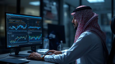 محلل سعودي يراجع رسوم أداء موقع على شاشة في مكتب خليجي
