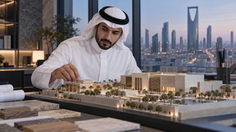 مهندس معماري سعودي يتفحص مجسم مبنى مفصلاً في مكتب تصميم خليجي