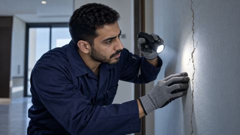 فني مباني سعودي بزي عمل كحلي وقفازات يفحص شقاً في الجدار بمصباح يدوي