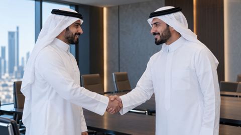 مستشار أعمال سعودي يصافح مدير شركة في غرفة اجتماعات