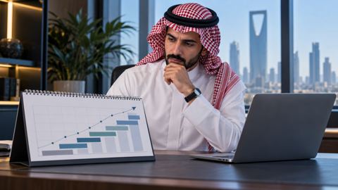مدير سعودي بالثوب ينظر إلى تقويم خطة نمو بجانب لابتوب