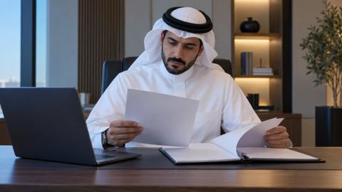 صاحب عمل سعودي يراجع وثائق تسجيل الشركة بجانب اللابتوب في مكتب صغير