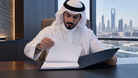 صاحب عمل سعودي يختار دراسة حالة واحدة من ملف مرتب على مكتبه