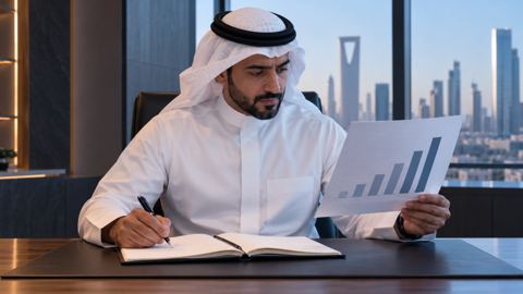 صاحب عمل سعودي يقارن رسماً بيانياً بدفتر تخطيط على مكتبه