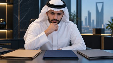 صاحب عمل سعودي يتأمل عدة ملفات على مكتبه