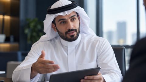 صاحب عمل سعودي يناقش موجز تطبيق جوال في اجتماع بالمكتب