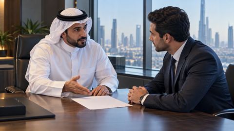 صاحب عمل سعودي يناقش موجز مشروع مع مختص تسويق في المكتب