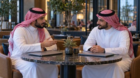 صاحب عمل سعودي يلتقي صاحب موقع آخر في مقهى للتخطيط لمقال مشترك