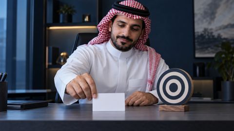 صاحب مشروع صغير سعودي يضع بطاقة موضوع بجانب مجسم هدف على مكتبه