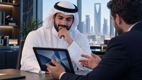 صاحب عمل سعودي يراجع أعمال وكالة رقمية مع مستشار