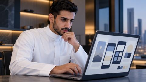 صاحب عمل سعودي يتصفح نماذج تطبيقات جوال على اللابتوب
