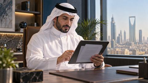 صاحب عمل سعودي يراجع وثائق تسجيل رسمية على جهاز لوحي في مكتب هادئ