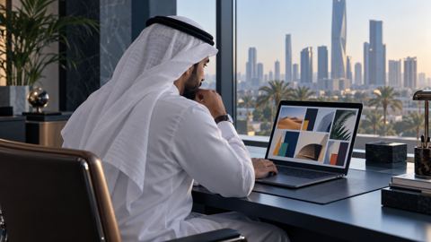 صاحب عمل سعودي يتصفح أعمال تصميم على اللابتوب في مكتب هادئ