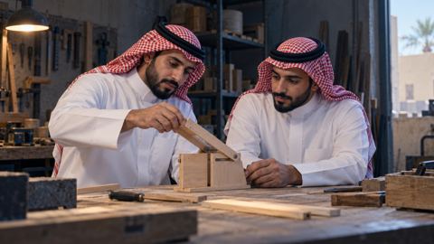 صاحب مشروع صغير سعودي يجرب فكرة جديدة مع شريكه في ورشة بسيطة
