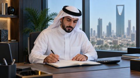 صاحب مشروع صغير سعودي يراجع دفتر الميزانية بهدوء وبجانبه آلة حاسبة