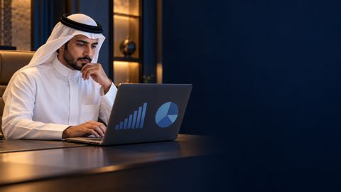 صاحب عمل سعودي بثوب أبيض يتأمل رسمين بيانيين على شاشة لابتوب في مكتبه