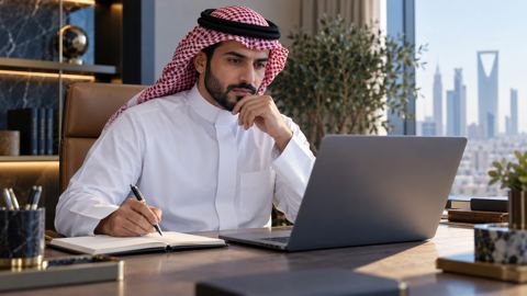 رجل أعمال سعودي يقارن خيارات خدمة على لابتوبه والقلم في يده