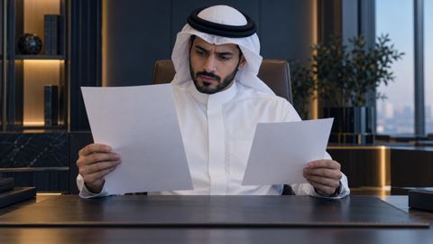 رجل أعمال سعودي يقارن بحذر بين ورقتين غير متطابقتين على مكتبه