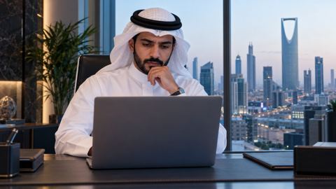 رجل أعمال سعودي يتأمل موقع شركته على اللابتوب