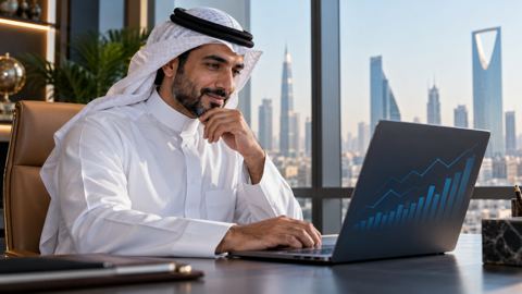 رجل أعمال سعودي راضٍ وهو يراجع رسوم أداء بسيطة على شاشة لابتوبه