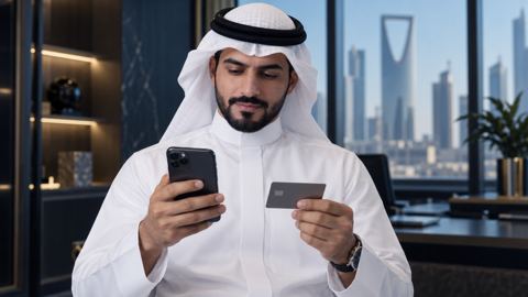 رجل أعمال سعودي بالثوب يمسك جواله وبطاقته البنكية ليكمل طلب شراء
