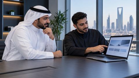 رجل أعمال سعودي يتحدث بهدوء مع مختص مواقع يعدّل موقعاً على اللابتوب