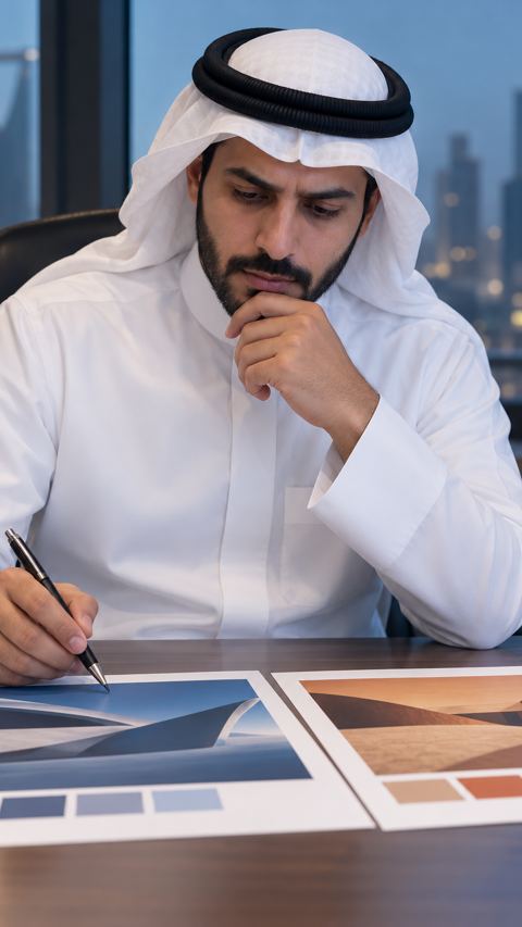 رجل أعمال سعودي بثوب أبيض يمسك قلماً فوق خيارين تسويقيين على مكتبه