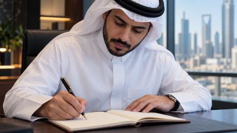 رجل أعمال سعودي يكتب قائمة واضحة في دفتر بقلم حبر
