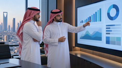 رجلا أعمال سعوديان في مكتب حديث يتابعان لوحة توريد بالجملة على شاشة كبيرة