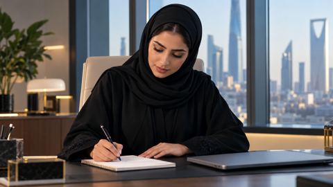 سيدة أعمال سعودية تكتب قائمة قصيرة في دفتر بتركيز ولابتوبها مغلق بجانبها