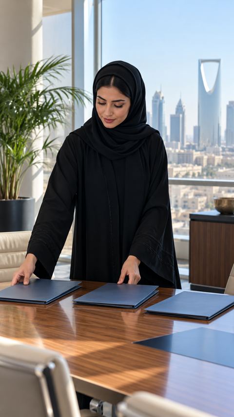 سيدة أعمال سعودية بالعباءة والحجاب ترتّب ثلاثة ملفات على طاولة اجتماعات مشمسة