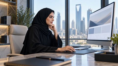 سيدة أعمال سعودية بالعباءة والحجاب تراجع موقعاً إلكترونياً موثوقاً على شاشة كبيرة