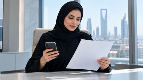 سيدة أعمال سعودية بالعباءة تمسك ورقة رسمية مطبوعة بيد وجوالها باليد الأخرى