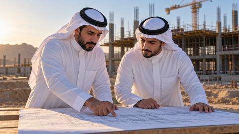مهندس مدني ومهندس ميكانيكي سعوديان يراجعان مخططاً واحداً على طاولة الموقع