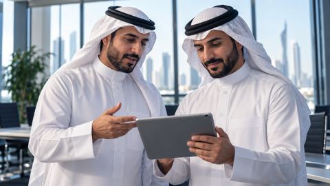 زميلان سعوديان بلبس رسمي يناقشان النتائج على جهاز لوحي في غرفة اجتماعات مضيئة