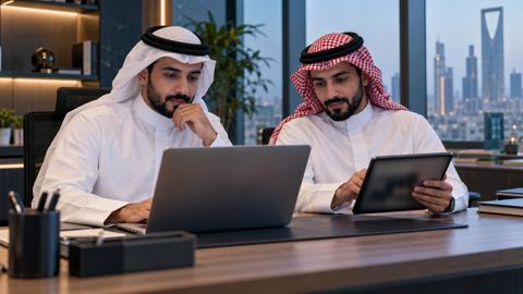 زميلان سعوديان على مكتب، أحدهما يشاهد شرحاً على اللابتوب والآخر يتصفح مواقع الشركات