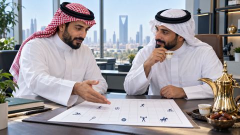 زميلان سعوديان بالثياب يناقشان جدولاً رياضياً على القهوة العربية في مكتب مضيء