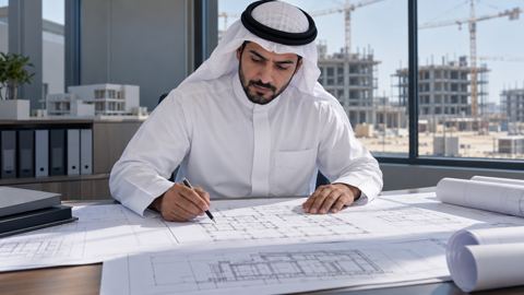 منسق إنشاءات سعودي يراجع مجموعة مخططات موحدة على مكتب الموقع