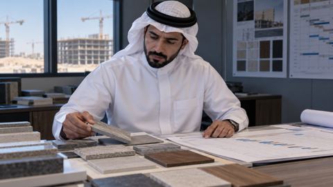 مخطط إنشاءات سعودي يراجع عينات مواد مرتبة وتقويم التوريد في مكتب الموقع