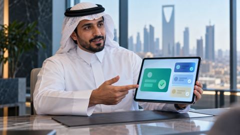 مستشار سعودي يعرض وثائق رسمية موثقة وبيانات الشركة على جهاز لوحي
