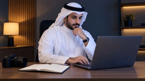 صانع محتوى سعودي يجرب طريقة عمل على اللابتوب وبجانبه كاميرا ودفتر