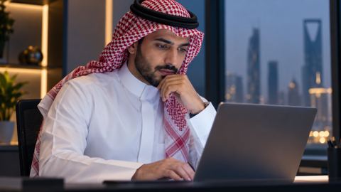 محرر محتوى سعودي يراجع صفحة على اللابتوب بتأمل